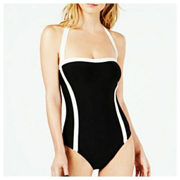DKNY Other - New DKNY Plus Size 16 One Piece Halter Swimsuit Black Whit Shelf Bra Compression